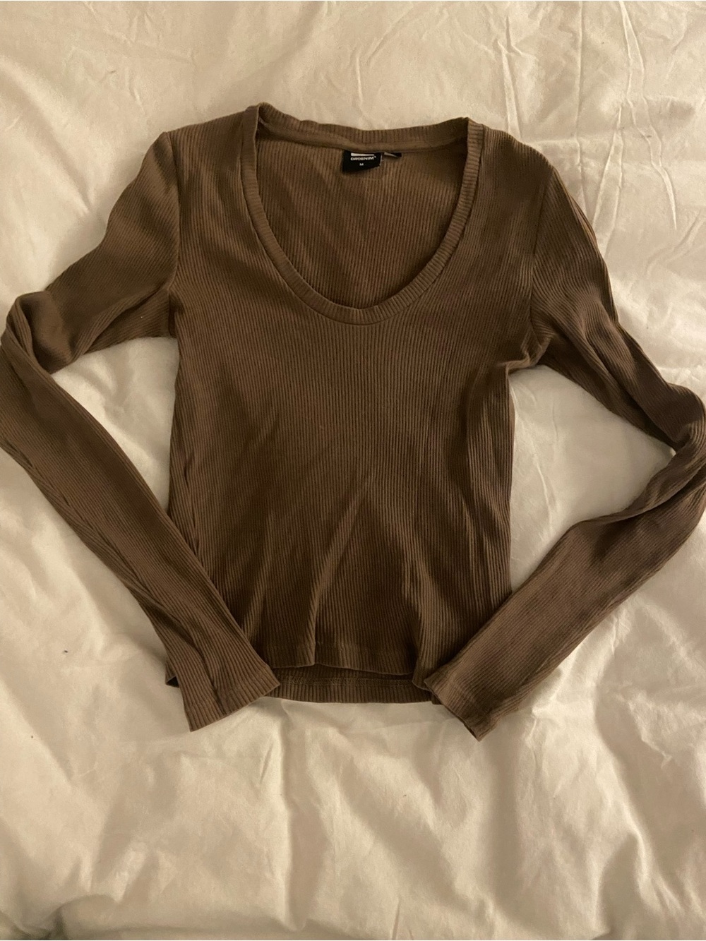 Dr Denim Slim Ribbed Long-Sleeve Scoop Neck Top - Brown